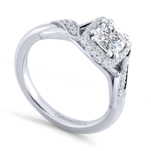 Vintage Inspired 14K White Gold Cushion Halo Diamond Engagement Ring