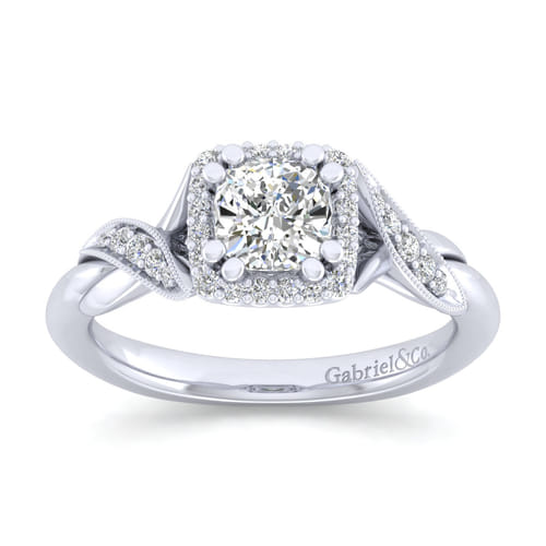 Vintage Inspired 14K White Gold Cushion Halo Diamond Engagement Ring