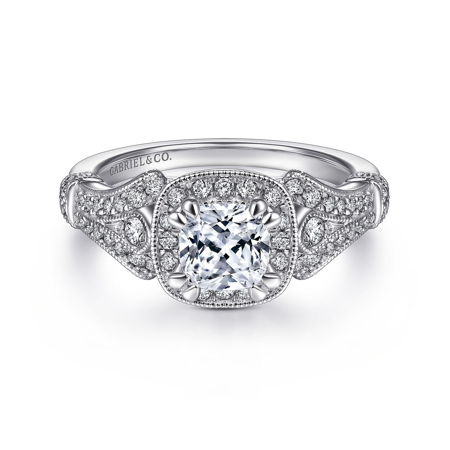 Gabriel - Vintage Inspired 14K White Gold Cushion Halo Diamond Engagement Ring