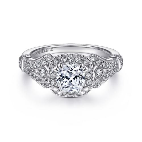 Vintage Inspired 14K White Gold Cushion Halo Diamond Engagement Ring