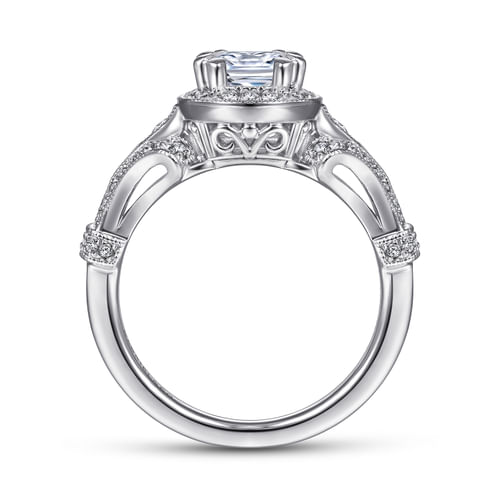 Vintage Inspired 14K White Gold Cushion Halo Diamond Engagement Ring