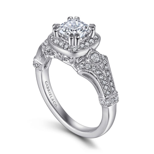 Vintage Inspired 14K White Gold Cushion Halo Diamond Engagement Ring