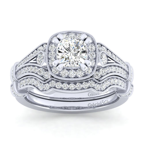 Vintage Inspired 14K White Gold Cushion Halo Diamond Engagement Ring
