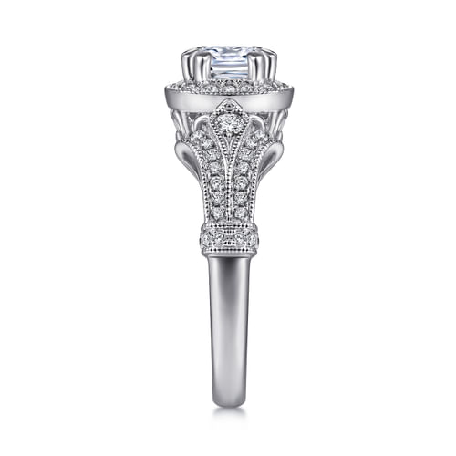 Vintage Inspired 14K White Gold Cushion Halo Diamond Engagement Ring