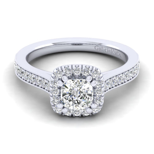 Vintage Inspired 14K White Gold Cushion Halo Diamond Engagement Ring