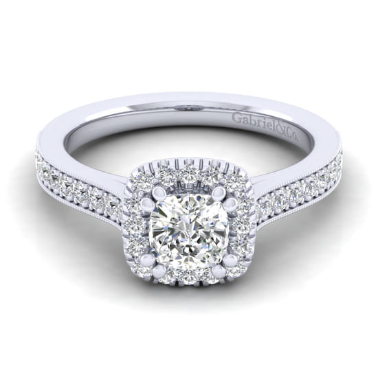 Gabriel - Vintage Inspired 14K White Gold Cushion Halo Diamond Engagement Ring