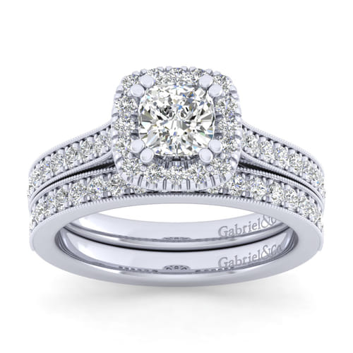 Vintage Inspired 14K White Gold Cushion Halo Diamond Engagement Ring