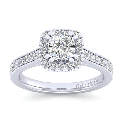 Vintage Inspired 14K White Gold Cushion Halo Diamond Engagement Ring