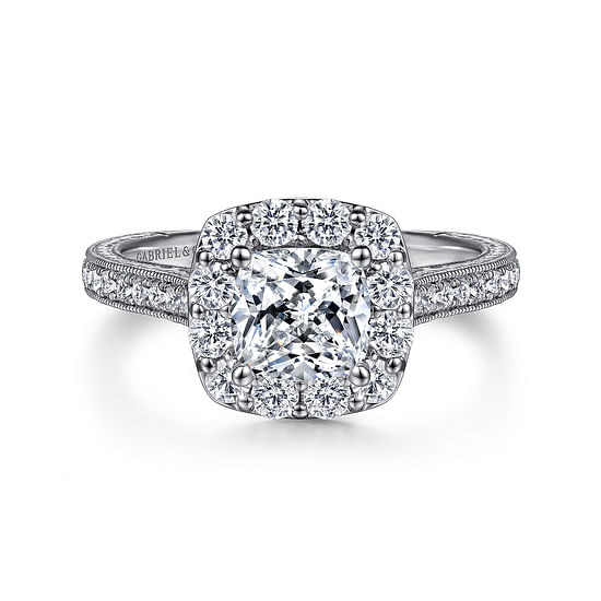 Gabriel - Vintage Inspired 14K White Gold Cushion Halo Diamond Engagement Ring