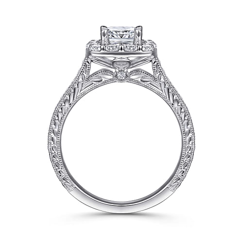 Vintage Inspired 14K White Gold Cushion Halo Diamond Engagement Ring