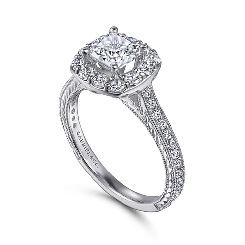 Vintage Inspired 14K White Gold Cushion Halo Diamond Engagement Ring