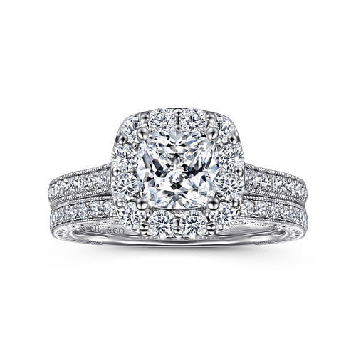 Vintage Inspired 14K White Gold Cushion Halo Diamond Engagement Ring