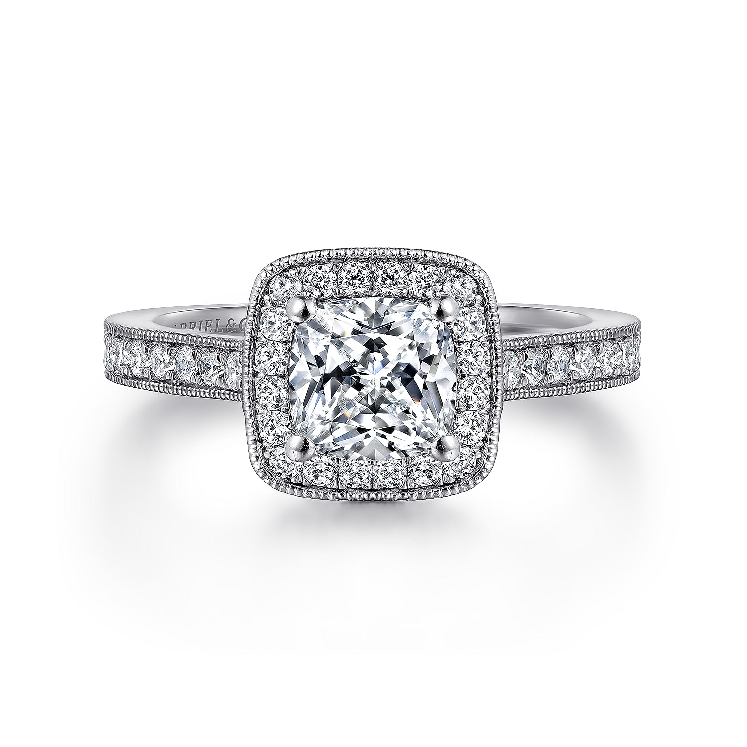 Gabriel - Vintage Inspired 14K White Gold Cushion Halo Diamond Engagement Ring