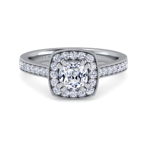 Vintage Inspired 14K White Gold Cushion Halo Diamond Engagement Ring