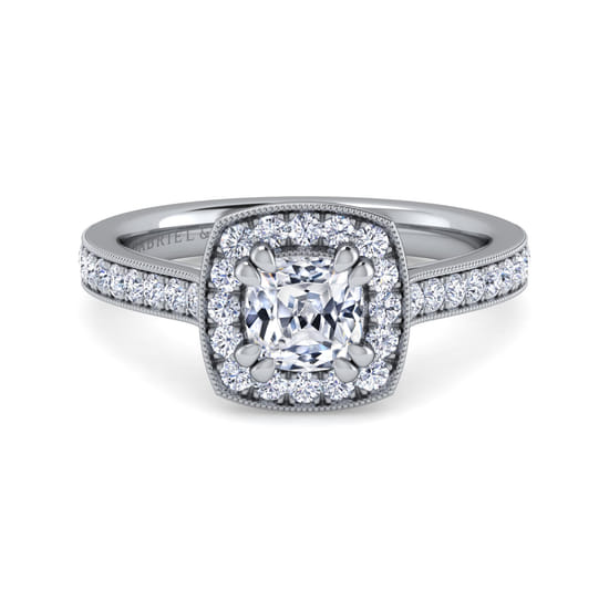 Gabriel - Vintage Inspired 14K White Gold Cushion Halo Diamond Engagement Ring