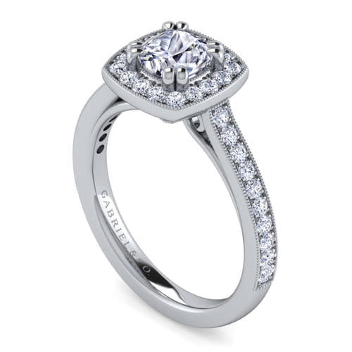 Vintage Inspired 14K White Gold Cushion Halo Diamond Engagement Ring