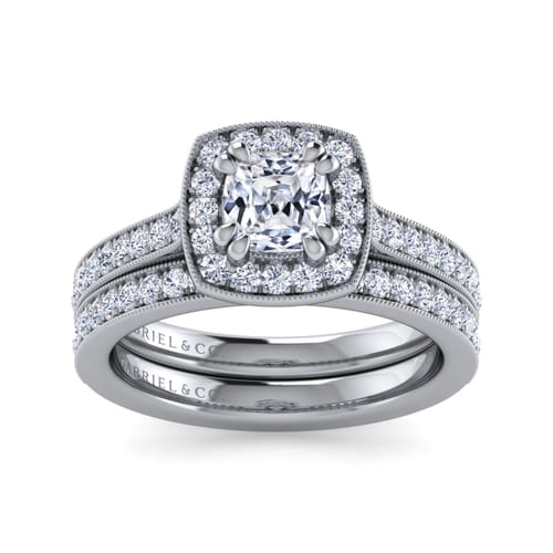 Vintage Inspired 14K White Gold Cushion Halo Diamond Engagement Ring