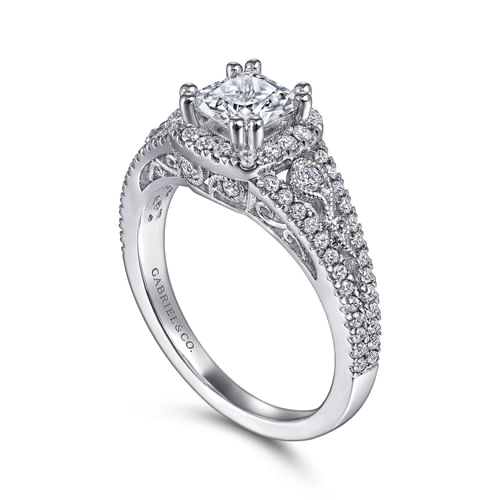 Vintage Inspired 14K White Gold Cushion Halo Diamond Engagement Ring