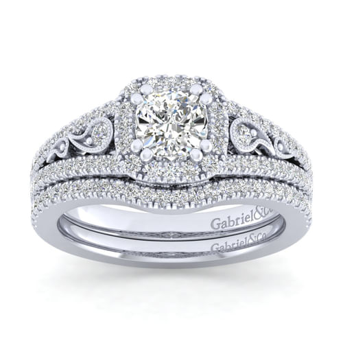 Vintage Inspired 14K White Gold Cushion Halo Diamond Engagement Ring