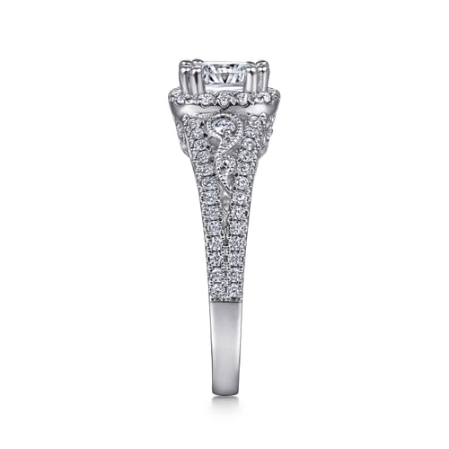 Vintage Inspired 14K White Gold Cushion Halo Diamond Engagement Ring