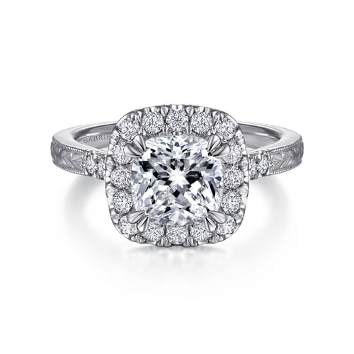 Vintage Inspired 14K White Gold Cushion Halo Diamond Engagement Ring
