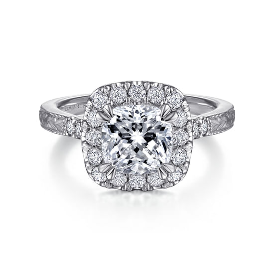 Gabriel - Vintage Inspired 14K White Gold Cushion Halo Diamond Engagement Ring