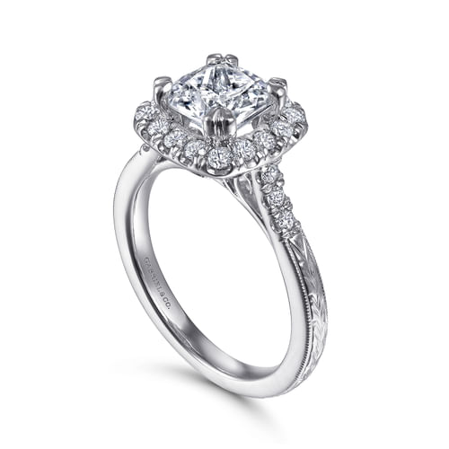 Vintage Inspired 14K White Gold Cushion Halo Diamond Engagement Ring