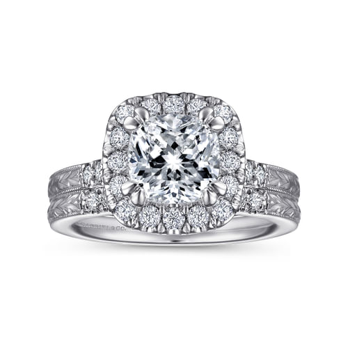 Vintage Inspired 14K White Gold Cushion Halo Diamond Engagement Ring