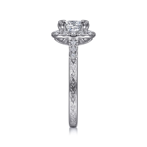 Vintage Inspired 14K White Gold Cushion Halo Diamond Engagement Ring