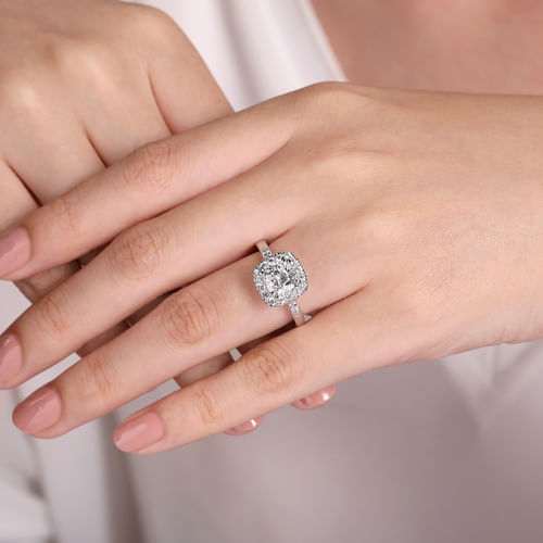 Vintage Inspired 14K White Gold Cushion Halo Diamond Engagement Ring