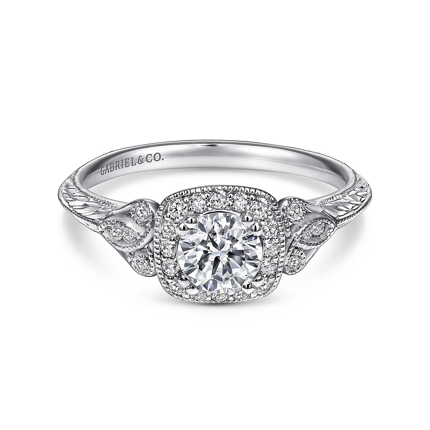 Gabriel - Vintage Inspired 14K White Gold Cushion Halo Round Complete Diamond Channel Set Engagement Ring