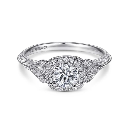 Vintage Inspired 14K White Gold Cushion Halo Round Complete Diamond Channel Set Engagement Ring