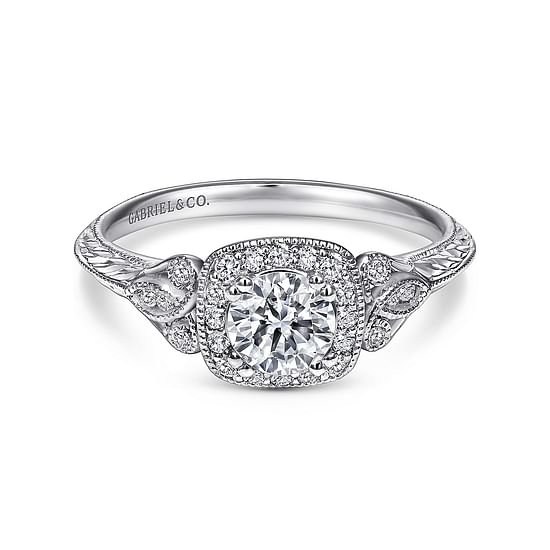 Gabriel - Vintage Inspired 14K White Gold Cushion Halo Round Complete Diamond Channel Set Engagement Ring