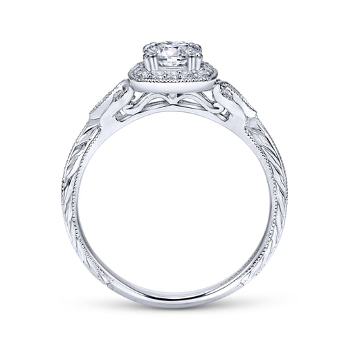 Vintage Inspired 14K White Gold Cushion Halo Round Complete Diamond Channel Set Engagement Ring