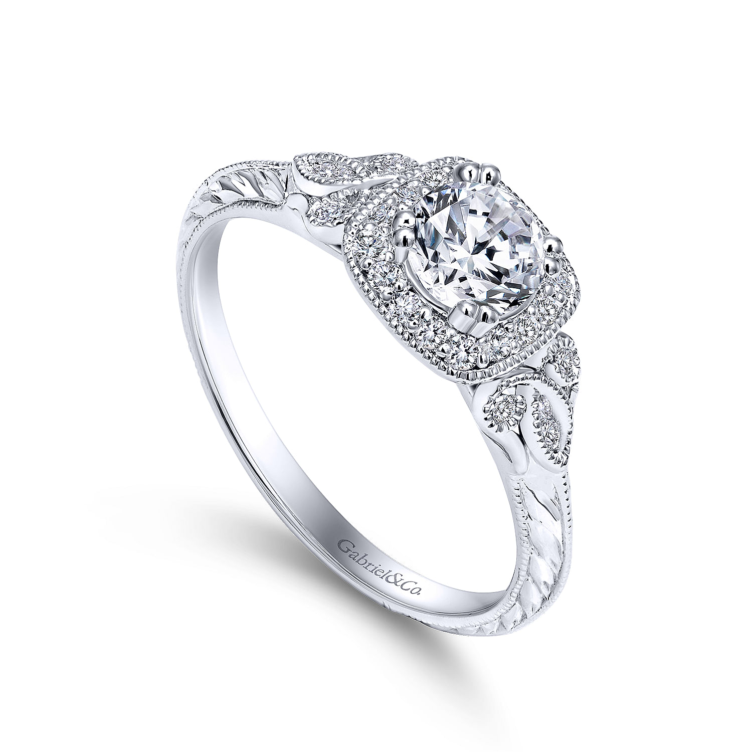 Vintage Inspired 14K White Gold Cushion Halo Round Complete Diamond Channel Set Engagement Ring