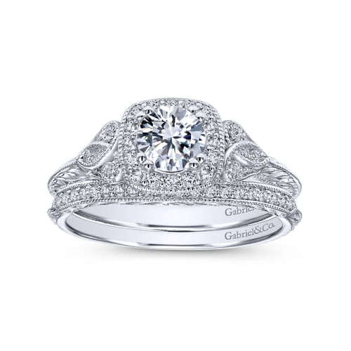 Vintage Inspired 14K White Gold Cushion Halo Round Complete Diamond Channel Set Engagement Ring