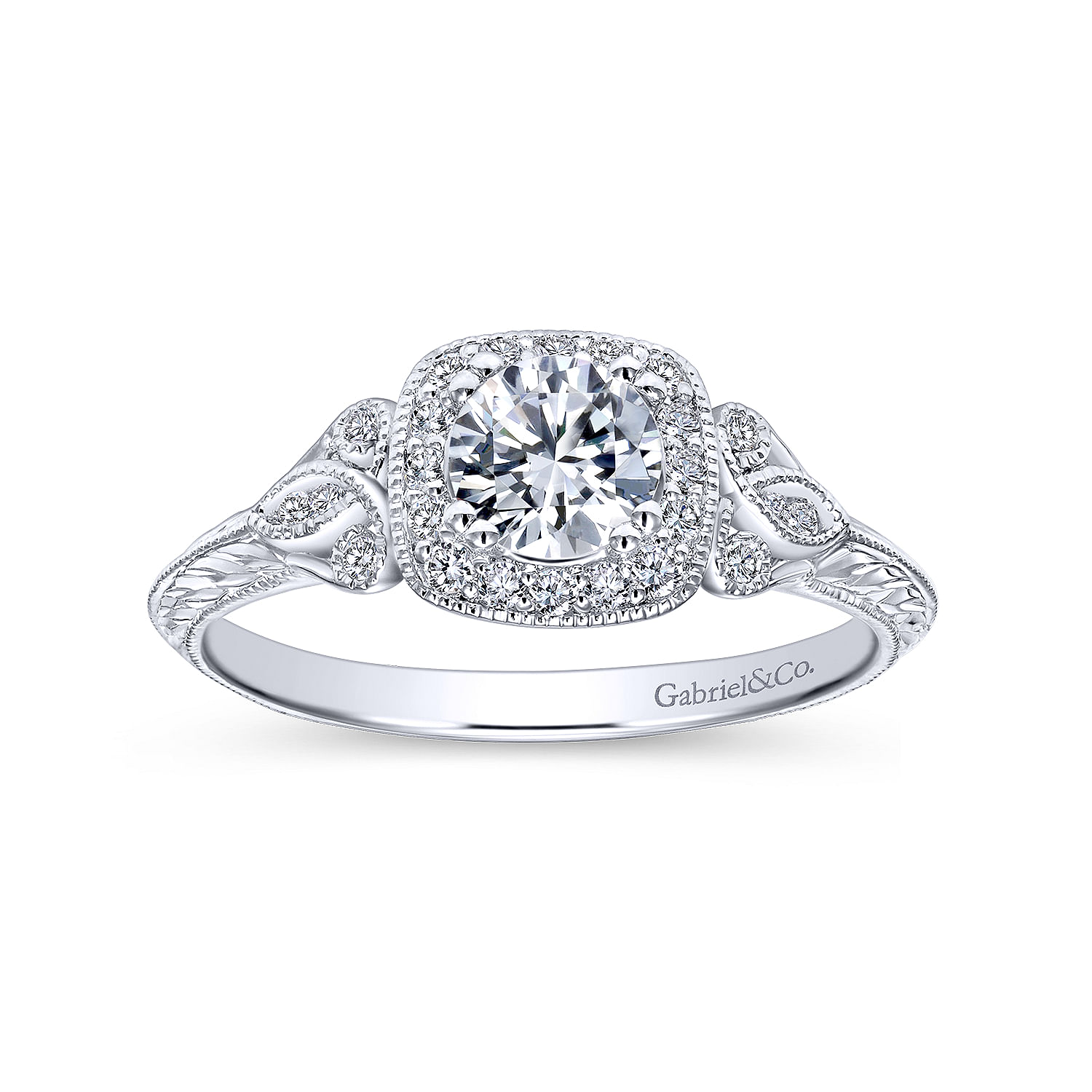 Vintage Inspired 14K White Gold Cushion Halo Round Complete Diamond Channel Set Engagement Ring