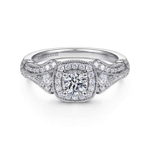 Vintage Inspired 14K White Gold Cushion Halo Round Complete Diamond Engagement Ring