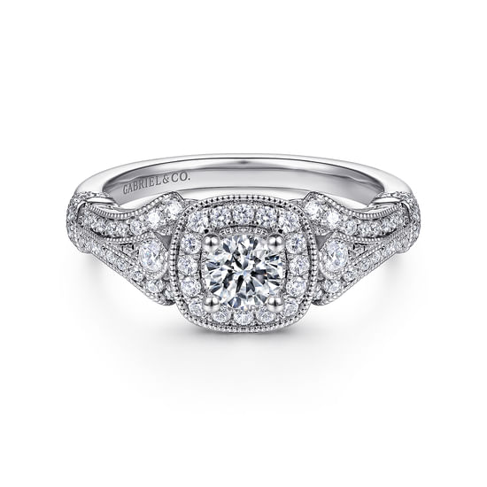 Gabriel - Vintage Inspired 14K White Gold Cushion Halo Round Complete Diamond Engagement Ring