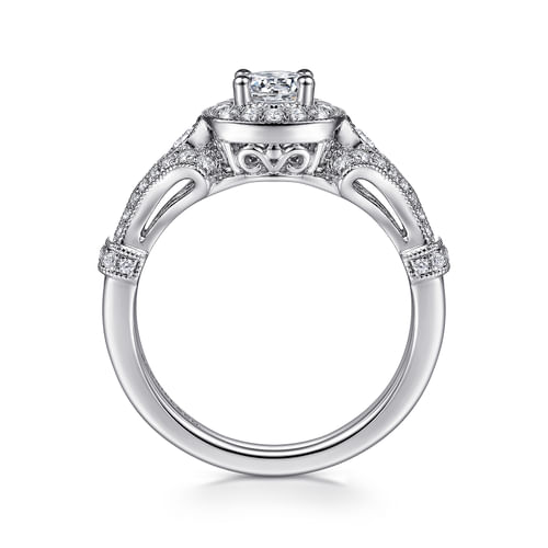 Vintage Inspired 14K White Gold Cushion Halo Round Complete Diamond Engagement Ring