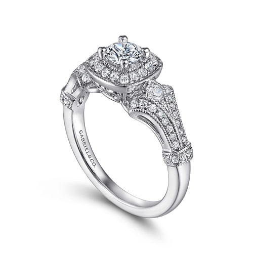 Vintage Inspired 14K White Gold Cushion Halo Round Complete Diamond Engagement Ring
