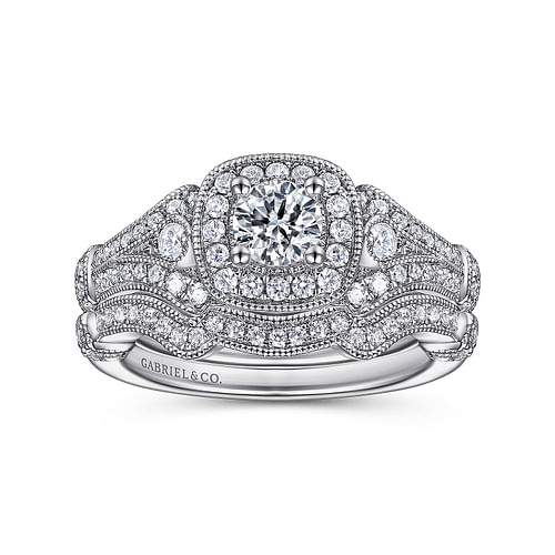 Vintage Inspired 14K White Gold Cushion Halo Round Complete Diamond Engagement Ring