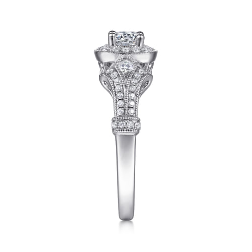 Vintage Inspired 14K White Gold Cushion Halo Round Complete Diamond Engagement Ring