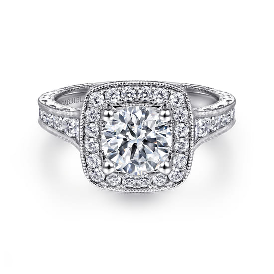 Gabriel - Vintage Inspired 14K White Gold Cushion Halo Round Diamond Channel Set Engagement Ring
