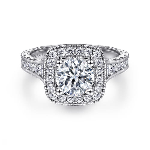 Vintage Inspired 14K White Gold Cushion Halo Round Diamond Channel Set Engagement Ring Vintage Inspired 14K White Gold Cushion Halo Round Diamond Channel Set Engagement Ring
