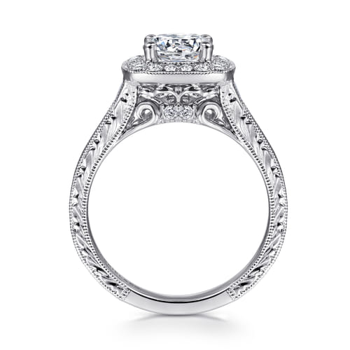 Vintage Inspired 14K White Gold Cushion Halo Round Diamond Channel Set Engagement Ring Vintage Inspired 14K White Gold Cushion Halo Round Diamond Channel Set Engagement Ring