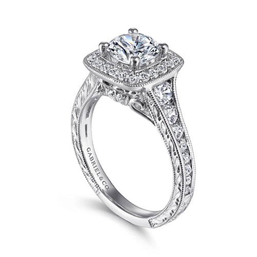Vintage Inspired 14K White Gold Cushion Halo Round Diamond Channel Set Engagement Ring Vintage Inspired 14K White Gold Cushion Halo Round Diamond Channel Set Engagement Ring
