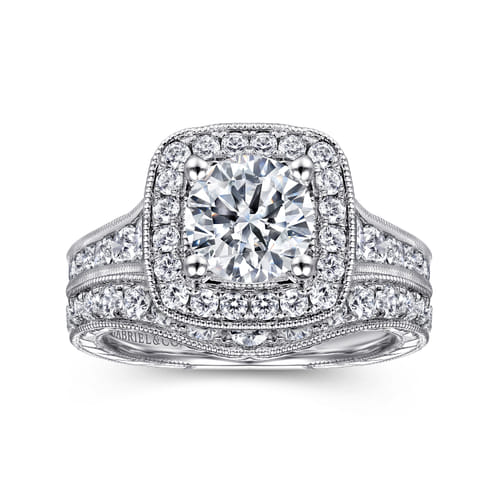 Vintage Inspired 14K White Gold Cushion Halo Round Diamond Channel Set Engagement Ring Vintage Inspired 14K White Gold Cushion Halo Round Diamond Channel Set Engagement Ring