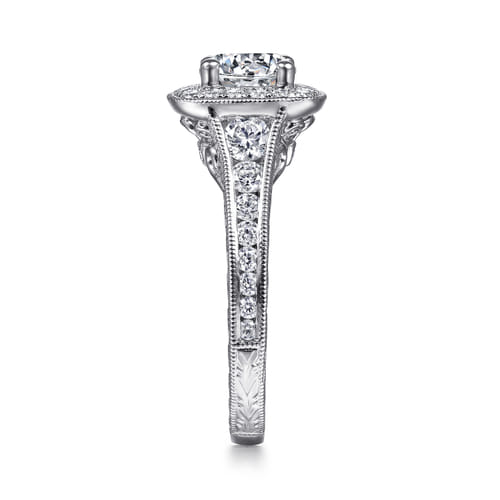Vintage Inspired 14K White Gold Cushion Halo Round Diamond Channel Set Engagement Ring Vintage Inspired 14K White Gold Cushion Halo Round Diamond Channel Set Engagement Ring