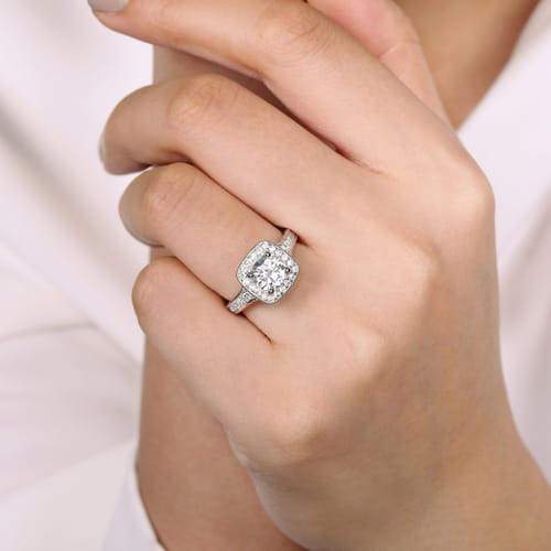 Vintage Inspired 14K White Gold Cushion Halo Round Diamond Channel Set Engagement Ring Vintage Inspired 14K White Gold Cushion Halo Round Diamond Channel Set Engagement Ring